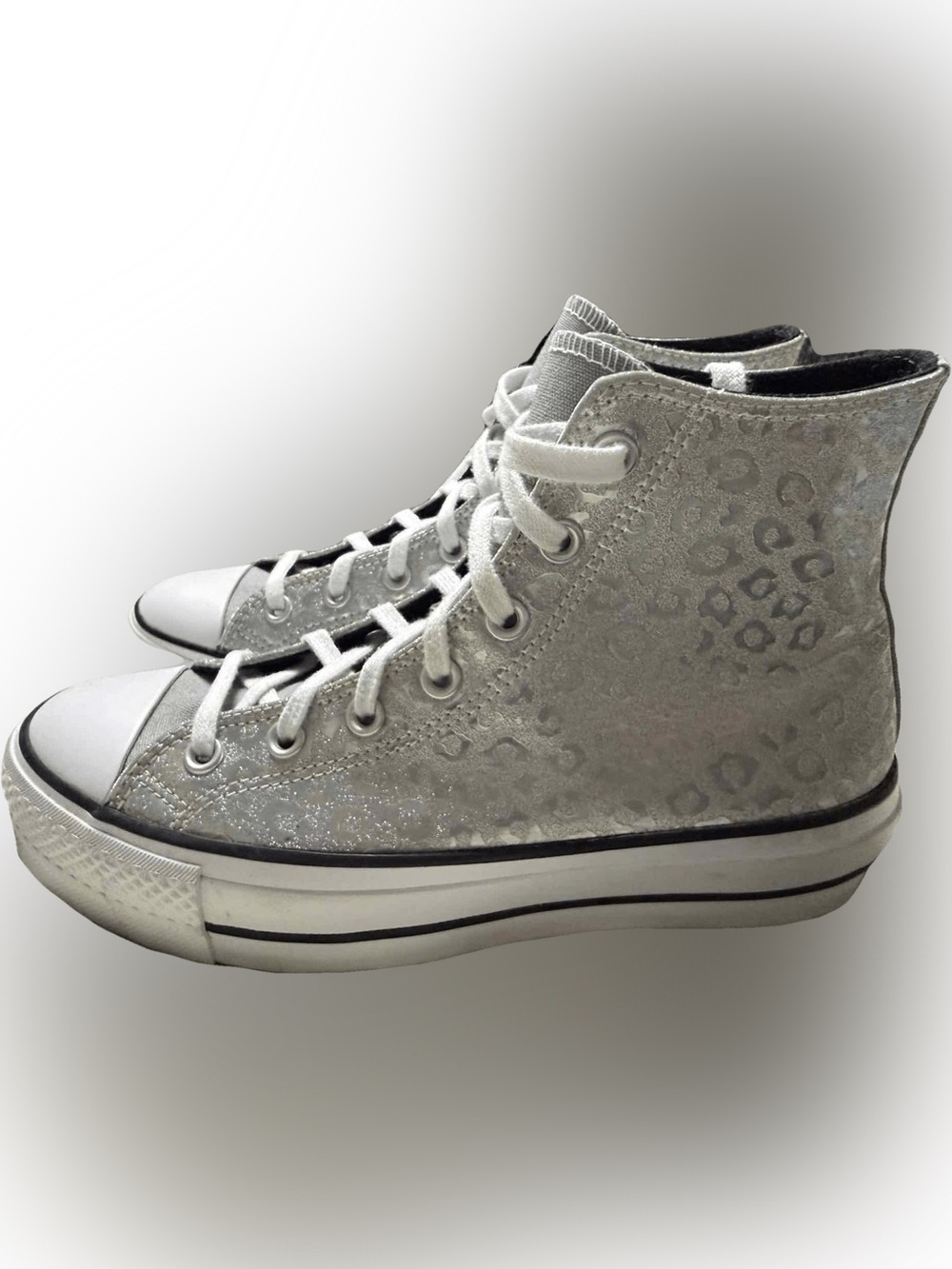 Converse Chuck Taylor All Star High Top Sneakers in Silver Glitter Leopard Print - Picture 3 of 5
